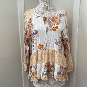 American Eagle Floral Print Tiered Tunic Top - Cream and Orange XL